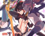  breasts clone drawr ketsuopolis kill_la_kill matoi_ryuuko medium_breasts multicolored_hair multiple_girls navel revealing_clothes scissor_blade senketsu short_hair suspenders sword thighhighs two-tone_hair underboob weapon 