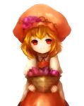  absurdres aki_minoriko amanojaku apron bad_id bad_pixiv_id basket blonde_hair dress eggplant food fruit grapes hat highres looking_at_viewer red_eyes short_hair smile solo sweet_potato touhou transparent_background 