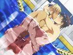  2boys abs black_eyes blonde_hair blush breath brown_hair censored cuddling dutch_angle erection frottage goggles grinding hand_on_back hug izumi_nekotsuki kiss looking_at_another male male_focus motion_blur multiple_boys multiple_penises muscle nipples nude original pecs penis penises_touching pool pubic_hair sweat swim_cap tan topless underwater_sex wasukoro water yaoi 