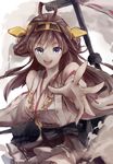  ahoge bad_id bad_pixiv_id bare_shoulders blue_eyes breasts brown_hair hairband japanese_clothes kantai_collection kongou_(kantai_collection) long_hair medium_breasts mizumochi_(1egend) nontraditional_miko open_mouth outstretched_hand smile solo 