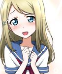  ayase_arisa bad_id bad_pixiv_id blonde_hair blue_eyes blush hair_ornament hairclip ikari_manatsu long_hair looking_at_viewer love_live! love_live!_school_idol_project open_mouth school_uniform serafuku smile solo 