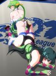  argyle argyle_legwear ass boots breasts clenched_teeth fingerless_gloves gloves green_hair grimace himuro_shizuku long_hair long_ponytail medium_breasts multiple_girls noppo-san open_mouth ponytail red_eyes sakurai_chisato teeth thigh_boots thighhighs thighs wince wrestle_angels wrestle_angels_survivor wrestle_angels_survivor_2 wrestling wrestling_outfit yellow_eyes 