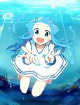  barefoot blue_eyes blue_hair double_v dress hat ikamusume k.ei long_hair shinryaku!_ikamusume tentacle_hair underwater v 