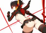  artist_name ass black_hair blue_eyes breasts commentary copyright_name from_behind hairpods hews_hack kill_la_kill large_breasts looking_back matoi_ryuuko multicolored_hair panties red_hair revealing_clothes school_uniform scissor_blade senketsu shiny shiny_skin short_hair suspenders sword thighhighs thong two-tone_hair underwear weapon white_background 