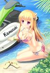  barefoot beach bikini blonde_hair brand_name_imitation breasts cleavage flip-flops highres jet_ski jewelry long_hair medium_breasts necklace ocean original outdoors purple_eyes sandals shoes_removed solo star swimsuit water yurina 