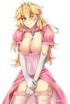  1girl blonde_hair blue_eyes blush breasts cleavage corset covering covering_crotch crown elbow_gloves flowerxl garter_straps gloves large_breasts long_hair mario_(series) nintendo panties princess_peach puffy_sleeves smile solo super_mario_bros. thighhighs underwear wink 