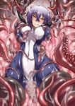  arms_up blush bodysuit breast_grab breasts clenched_teeth forced grabbing large_breasts looking_at_viewer original purple_hair rape restrained segami_daisuke short_hair skin_tight solo teeth tentacles yellow_eyes 