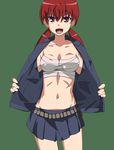  :d breasts cleavage green_background medium_breasts midriff musujime_awaki navel open_clothes open_mouth red_eyes red_hair rikku04 sarashi skirt smile solo to_aru_majutsu_no_index twintails 