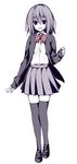  :d blush cardigan dress_shirt full_body loafers long_sleeves looking_at_viewer monochrome open_cardigan open_clothes open_mouth original oryou school_uniform shirt shoes short_hair simple_background skirt smile solo thighhighs white_background zettai_ryouiki 