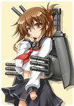  blush brown_eyes brown_hair cannon folded_ponytail hair_ornament hair_up inazuma_(kantai_collection) kantai_collection roura school_uniform serafuku short_hair skirt smile solo torpedo turret 