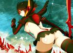  artist_name ass black_hair blue_eyes breasts commentary copyright_name from_behind hairpods hews_hack honnouji_gakuen kill_la_kill large_breasts looking_back matoi_ryuuko multicolored_hair panties red_hair revealing_clothes school_uniform scissor_blade senketsu short_hair star_(sky) suspenders sword thighhighs thong tower two-tone_hair underwear weapon 