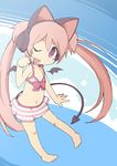  animal_ears bemani blush fang headphones looking_at_viewer midriff nagisa_(bemani) navel one_eye_closed open_mouth peekun pink_hair purple_eyes skirt smile solo swimsuit tail wings 