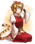  animal_ears bad_id bad_pixiv_id black_hair blonde_hair blush kawahagi kemonomimi_mode multicolored_hair seiza short_hair sitting slit_pupils solo tail tiger_ears tiger_tail toramaru_shou touhou two-tone_hair wide_sleeves yellow_eyes 