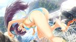  aqua_eyes ass barefoot bikini black_hair breasts cloud crab day fang feet ganaha_hibiki high_ponytail idolmaster idolmaster_(classic) kodoku_to_sukoshi_niteru lake light_rays long_hair medium_breasts open_mouth ponytail rock sky soles solo spread_toes sunbeam sunlight swimsuit tears toes tree underboob wardrobe_malfunction water 