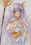  athena_(saint_seiya) breasts choker cleavage green_eyes hair_ornament kido_saori large_breasts lavender_hair long_hair looking_at_viewer marker_(medium) saint_seiya simple_background solo staff traditional_media white_background yutakasan-love 