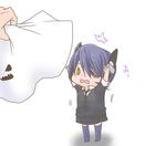  arms_up chibi clumg eyepatch ghost_costume headgear kantai_collection necktie open_mouth purple_hair short_hair solo_focus tenryuu_(kantai_collection) thighhighs yellow_eyes younger 