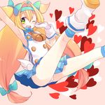  1o_(ichio) bell blazblue blonde_hair blush boots bow gloves green_eyes hair_bow hairband heart heart-shaped_pupils long_hair low-tied_long_hair one_eye_closed open_mouth panties platinum_the_trinity quad_tails skirt solo symbol-shaped_pupils two_side_up underwear very_long_hair white_gloves white_panties 