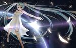  anklet bad_id bad_pixiv_id barefoot bracelet dress feathers green_eyes green_hair hatsune_miku jewelry long_hair open_mouth outstretched_arm planet see-through see-through_silhouette solo soulkiller sunlight twintails very_long_hair vocaloid 