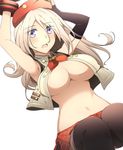  :o alisa_ilinichina_amiella armpits bare_shoulders black_gloves blonde_hair blue_eyes blush breasts cleavage elbow_gloves fingerless_gloves gloves god_eater god_eater_2:_rage_burst hat large_breasts long_hair looking_at_viewer midriff navel open_clothes pantyhose pleated_skirt skirt solo thighhighs van-s 
