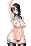  1girl absurdres arm_up bikini black_hair black_legwear blush breasts highres kurotama large_breasts micro_bikini see-through shin_sangoku_musou shiny short_hair solo swimsuit 