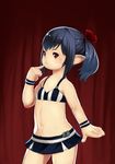  bare_shoulders bikini black_hair blush final_fantasy final_fantasy_xiv flat_chest hair_ribbon lalafell looking_at_viewer muuten navel pointy_ears ponytail red_eyes ribbon short_hair solo swimsuit 