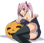  black_legwear breasts jack-o'-lantern long_hair looking_at_viewer medium_breasts original panties purple_eyes purple_hair simple_background skirt skirt_lift sky_(freedom) smile solo thighhighs twintails underwear v white_background 