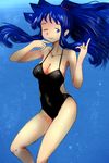  aizawa_chizuru blue_eyes blue_hair breasts cleavage hyakute_gyojin long_hair medium_breasts one-piece_swimsuit one_eye_closed ponytail shinryaku!_ikamusume sidelocks swimsuit underwater 