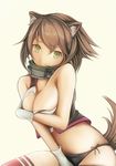  animal_ears blush breast_hold breasts brown_hair cleavage gloves green_eyes kantai_collection large_breasts looking_at_viewer mutsu_(kantai_collection) nannacy7 short_hair solo tail thighhighs 