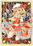  ascot bad_id bad_pixiv_id blonde_hair border finger_licking flandre_scarlet flower frills hat hat_ribbon kneeling licking looking_at_viewer mob_cap olmatown petals puffy_short_sleeves puffy_sleeves red_eyes ribbon rose short_hair short_sleeves side_ponytail skirt skirt_set solo touhou wings 