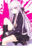  boots braid danganronpa danganronpa_1 gloves highres hiraga_matsuri kirigiri_kyouko long_hair necktie purple_eyes purple_hair sitting skirt socks solo very_long_hair 