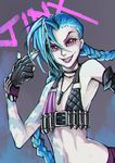  absurdres bare_shoulders blue_hair braid bullet_necklace fingerless_gloves flat_chest gloves grin haimerejzero highres jewelry jinx_(league_of_legends) league_of_legends lipstick long_hair looking_at_viewer makeup midriff nail_polish necklace smile solo twin_braids very_long_hair 