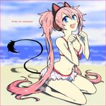  ahoge animal_ears bad_id bad_pixiv_id bemani blue_eyes cat_ears fang headphones kmkm looking_at_viewer midriff nagisa_(bemani) navel open_mouth pink_hair sitting skirt smile solo swimsuit tail twintails 