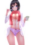  1girl black_hair blue_eyes breasts changing coffee coffee_mug cup dressing mikasa_ackerman mug panties pink_panties purple_panties red_scarf scarf shingeki_no_kyojin shirt short_hair solo striped striped_panties swordsouls tea tooth_brush toothbrush unbuttoned_shirt uncensored underboob underwear undressing white_panties 