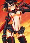  blush breasts kill_la_kill matoi_ryuuko medium_breasts multicolored_hair navel over_shoulder revealing_clothes scissor_blade senketsu short_hair solo sword sword_over_shoulder thighhighs two-tone_hair underboob walrus-ruin weapon weapon_over_shoulder 