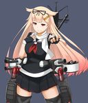  blonde_hair bow hair_bow hair_flaps hair_ornament hairclip highres kantai_collection long_hair marimo_maru outstretched_arm pleated_skirt red_eyes remodel_(kantai_collection) school_uniform serafuku skirt smile solo yuudachi_(kantai_collection) 