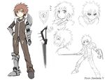  character_sheet closed_eyes copyright_name frown hand_on_hip laughing male_focus open_mouth pixiv_fantasia pixiv_fantasia_5 simple_background sky_(freedom) smile sword upper_body weapon white_background 