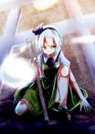  absurdres baba_(baba_seimaijo) bad_id bad_pixiv_id green_eyes hair_ribbon highres hitodama katana konpaku_youmu konpaku_youmu_(ghost) ribbon short_hair silver_hair solo sword torii touhou weapon 