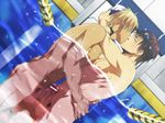  2boys abs black_eyes blonde_hair blush brown_hair censored cuddling dutch_angle erection eyes_closed frottage goggles grinding hand_on_back hug izumi_nekotsuki kiss looking_at_another male male_focus motion_blur multiple_boys multiple_penises muscle nipples nude original pecs penis penises_touching pool pubic_hair sweat swim_cap tan topless underwater_sex wasukoro water yaoi 