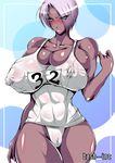  bash-inc blue_eyes blush breasts cameltoe covered_nipples dark_skin erect_nipples female gigantic_breasts highres huge_breasts isabella_valentine large_breasts lips lipstick makeup namco nipples puffy_nipples purple_lipstick short_hair soul_calibur sweat swimsuit tan 