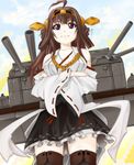  bare_shoulders black_legwear blush boots breasts brown_hair cannon detached_sleeves double_bun hair_ornament hairband headgear highres hissa_yossa japanese_clothes kantai_collection kongou_(kantai_collection) long_hair medium_breasts nontraditional_miko purple_eyes skirt smile solo thigh_boots thighhighs turret 