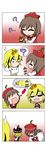  3girls 4koma ? absurdres alchemy bag bishamonten's_pagoda blonde_hair brown_hair clenched_teeth comic crescent facepalm gold hair_ornament highres lunasa_prismriver lyrica_prismriver multicolored_hair multiple_girls open_mouth rakugaki-biyori rock shooting_star short_hair silent_comic spoken_question_mark sweatdrop teeth toramaru_shou touhou two-tone_hair 