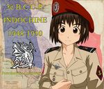  ayase_fuuka badge beret blush breasts brown_eyes brown_hair commentary dragon epaulettes eyebrows first_indochina_war france french french_army french_flag hat medium_breasts military military_uniform short_hair smile soldier solo thick_eyebrows tiger_monta troupes_de_marine uniform upper_body vietnam yotsubato! 