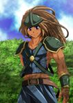  1boy armor belt blue_eyes bracelet brown_hair duran helmet jewelry long_hair male male_focus muscle nura seiken_densetsu seiken_densetsu_3 sky smile solo square_enix strap tan thisarmor 