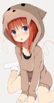  blue_eyes blush breasts hood hoodie looking_at_viewer medium_breasts original ratsuku_kinoko red_hair simple_background sitting solo wariza 