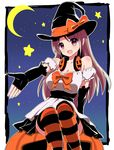  alternate_costume alternate_hairstyle arm_support blush bow bowtie brown_eyes brown_hair dress elbow_gloves fingerless_gloves gloves halloween hat hat_bow headphones long_hair looking_at_viewer mizuhara_hayari moon night nobutake_(nobu0) open_mouth orange_legwear pumpkin saki sitting sky smile solo star_(sky) starry_sky striped striped_legwear thighhighs white_dress witch_hat 