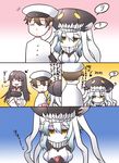  2girls =_= admiral_(kantai_collection) akagi_(kantai_collection) bauxite black_hair brown_hair comic eating hat heart jitome kantai_collection long_hair military military_uniform multiple_girls muneate niwakaame_(amayadori) open_mouth shinkaisei-kan silver_hair smile translated uniform wo-class_aircraft_carrier yellow_eyes 