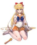  aino_minako arutera bad_id bad_pixiv_id banned_artist bishoujo_senshi_sailor_moon blonde_hair blue_eyes bow choker earrings elbow_gloves gloves hair_bow half_updo highres jewelry long_hair looking_at_viewer magical_girl orange_choker orange_sailor_collar orange_skirt parted_lips red_bow sailor_collar sailor_senshi_uniform sailor_venus school_uniform serafuku simple_background sitting skirt solo star_power_stick strappy_heels tiara venus_symbol wariza white_background white_gloves 