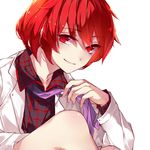  horikawa_raiko hug_(yourhug) jacket long_sleeves looking_at_viewer necktie purple_neckwear red_eyes red_hair shirt short_hair simple_background smile solo touhou white_background 