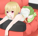  blush couch futaba_anzu idolmaster idolmaster_cinderella_girls long_hair looking_at_viewer open_mouth purple_eyes ratsuku_kinoko solo striped striped_legwear thighhighs 