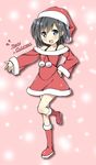  black_hair blue_eyes blush hand_on_hip hat highres looking_at_viewer merry_christmas open_mouth original santa_hat short_hair sky_(freedom) sky_(sky-freedom) smile solo 